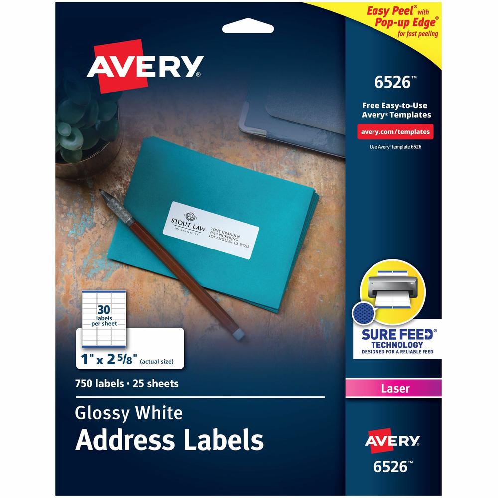 Avery&reg; Easy Peel High Gloss White Mailing Labels - 1" Width x 2 5/8" Length - Permanent Adhesive - Rectangle - Laser - White - Paper - 30 / Sheet - 25 Total Sheets - 750 Total Label(s) - 750 / Pac. Picture 1