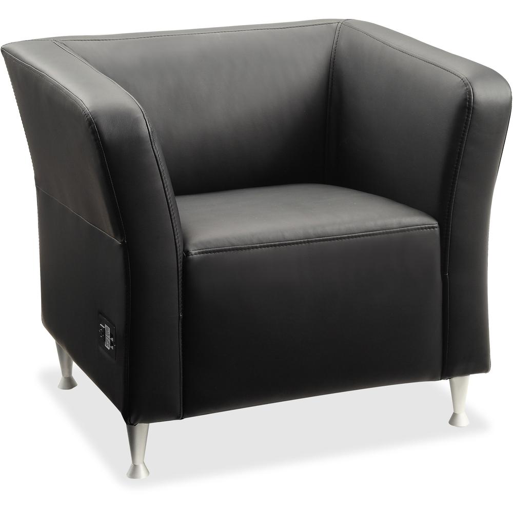 Lorell Fuze Modular Series Square Lounge Chair - Black Leather Seat - Black Leather Back - Brushed Aluminum Frame - High Back - 1 Each. Picture 1