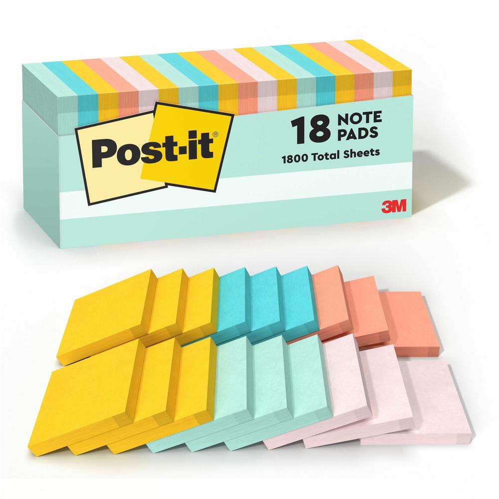 Post-it&reg; Notes Cabinet Pack - 3" x 3" - Square - 100 Sheets per Pad - Unruled - Fresh Mint, Aqua Splash, Sunnyside, Papaya Fizz, Guava - Self-adhesive, Self-stick - 18 / Pack. Picture 1