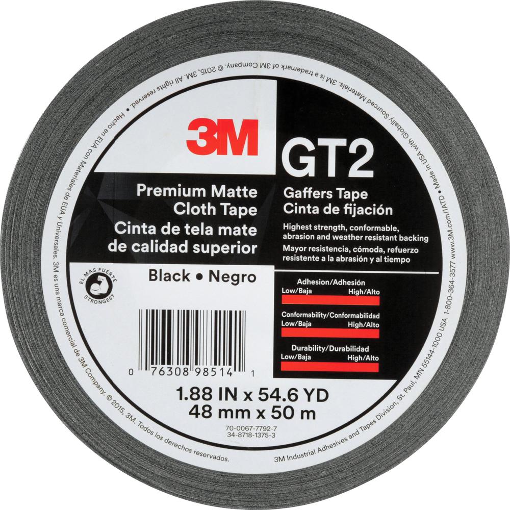 3M Gaffers Cloth Tape - 54.60 yd Length x 1.90" Width - 11 mil Thickness - Vinyl - 1 / Roll - Black. Picture 1