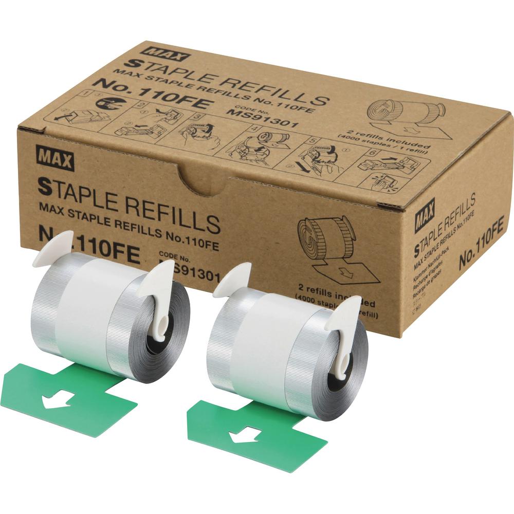 MAX 110Fe Staple Refill - 4000 Per Cartridge - 9/16" Leg - Holds 100 Sheet(s) - for Paper - Silver8000 / Box. Picture 1