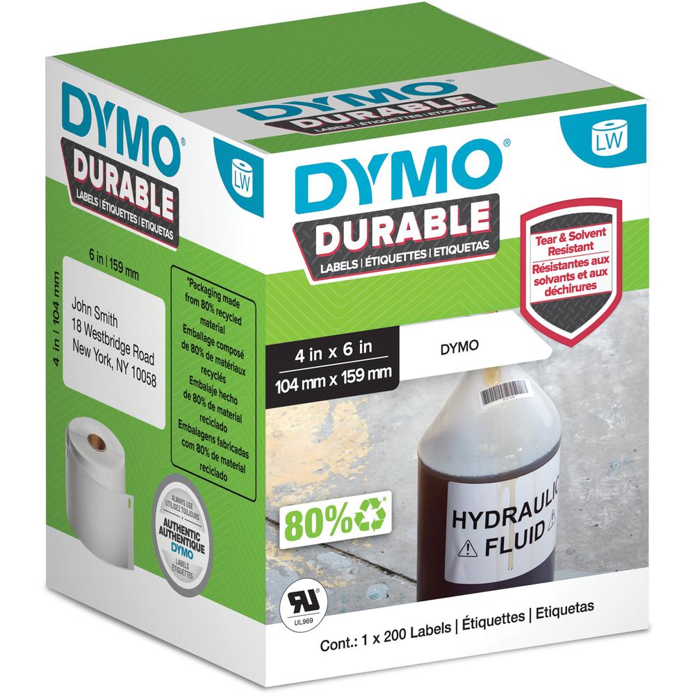 Dymo LW Durable Labels - 4 3/32" Width x 6 17/64" Length - Rectangle - Direct Thermal - White - Polypropylene - 1 Each - Water Resistant. Picture 1