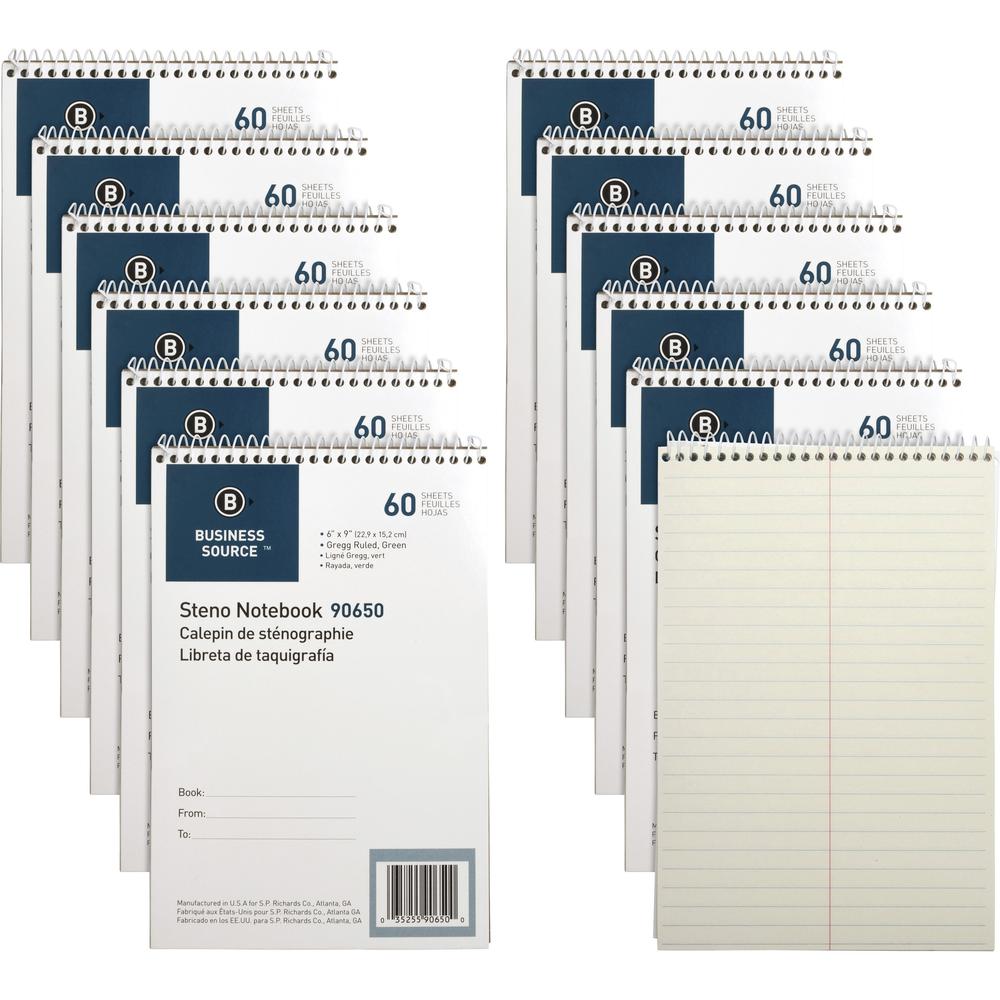 Business Source Steno Notebooks - 60 Sheets - Coilock - Gregg Ruled - 6" x 9" - Green Tint Paper - Stiff-back, Sturdy - 12 / Pack. Picture 1