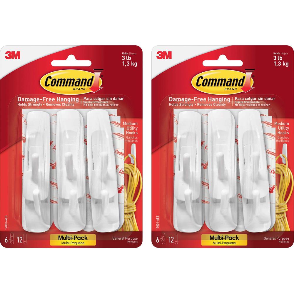 Command Medium Utility Hooks with Adhesive Strips - 3 lb (1.36 kg) Capacity - for Paint, Wood, Tile - White - 2 / Bag. Picture 1