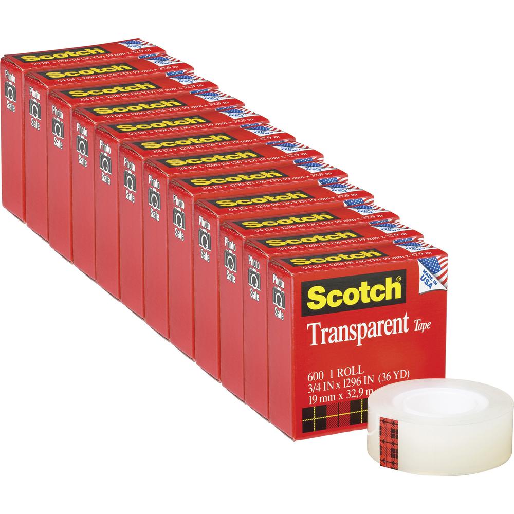Scotch Transparent Tape - 3/4"W - 36 yd Length x 0.75" Width - 1" Core - Stain Resistant, Moisture Resistant, Long Lasting - For Multipurpose, Mending, Packing, Label Protection, Wrapping - 12 / Pack . Picture 1