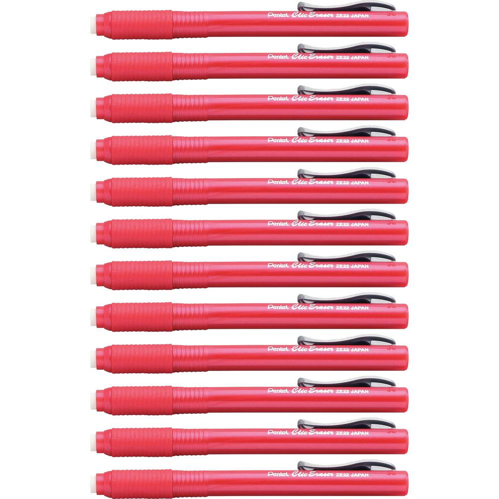 Pentel Rubber Grip Clic Eraser - Red - Pen - Refillable - 12 / Box - Retractable, Latex-free Grip, Pocket Clip, Ghost Resistant, Non-abrasive. Picture 1