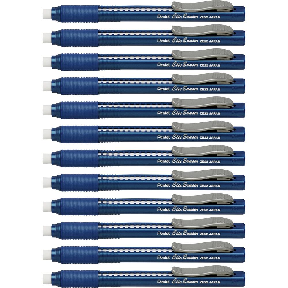 Pentel Rubber Grip Clic Eraser - Blue - Pen - Refillable - 12 / Box - Retractable, Latex-free Grip, Pocket Clip, Ghost Resistant, Non-abrasive. Picture 1