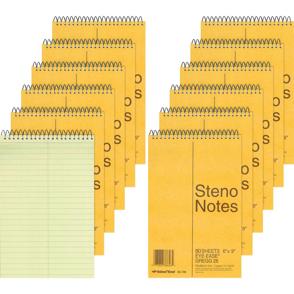 Rediform Steno Notebooks - 80 Sheets - Wire Bound - Gregg Ruled Margin - 16 lb Basis Weight - 6" x 9" - Green Paper - BrownBoard Cover - Hard Cover, Rigid - 12 / Pack. Picture 1