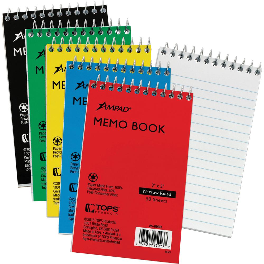 Ampad Topbound Memo Notebooks - 50 Sheets - Wire Bound - 3" x 5" - White Paper - AssortedPressboard Cover - Rigid, Mediumweight - Recycled - 5 / Bundle. Picture 1