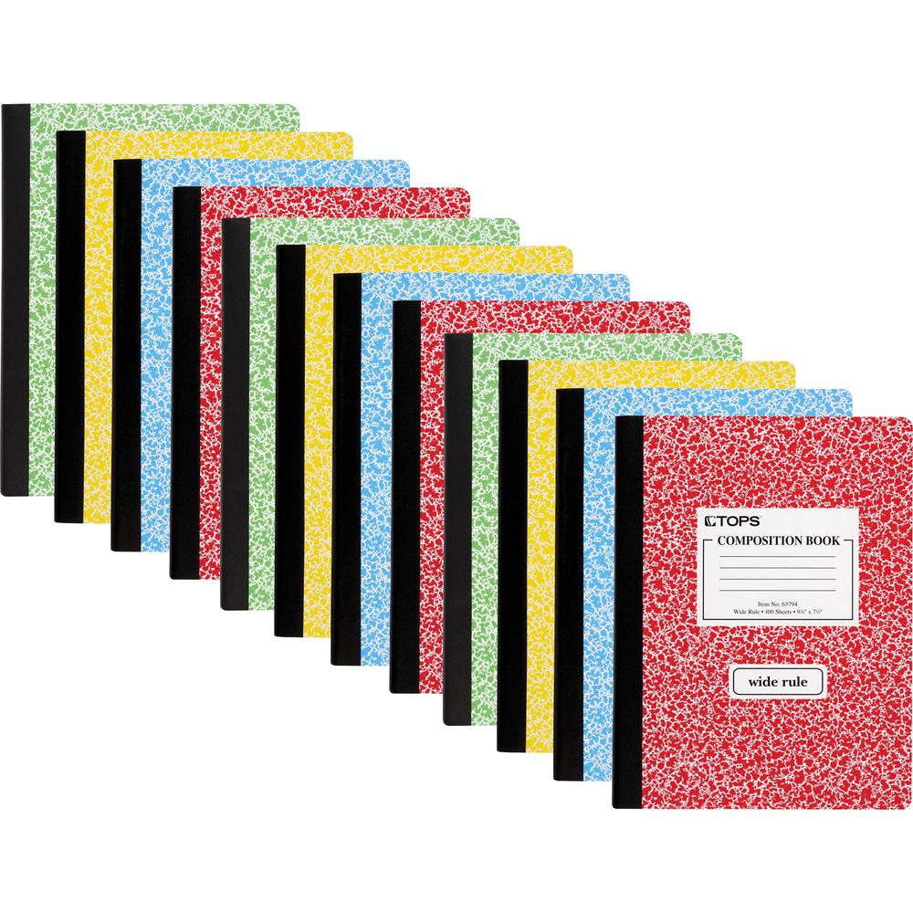 TOPS Wide Ruled Composition Books - 100 Sheets - 200 Pages - Sewn - Wide Ruled - Ruled Red Margin - 7 1/2" x 9 3/4" - White Paper - Assorted Marble Hardboard Cover - 12 / Carton. Picture 1
