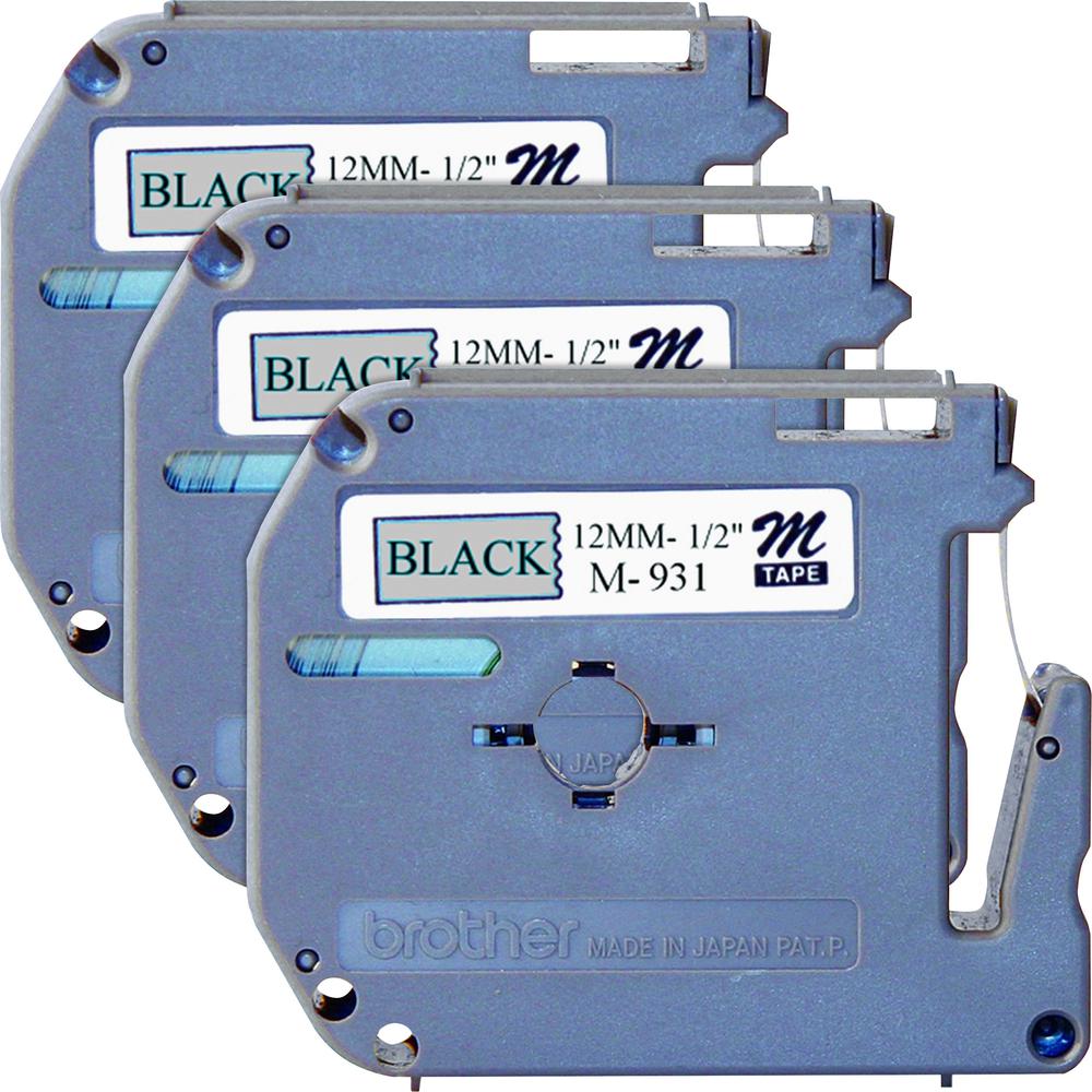 Brother P-touch Nonlaminated M Series Tape Cartridge - 1/2" Width - Rectangle - Direct Thermal - Silver, Black - 3 / Bundle. Picture 1