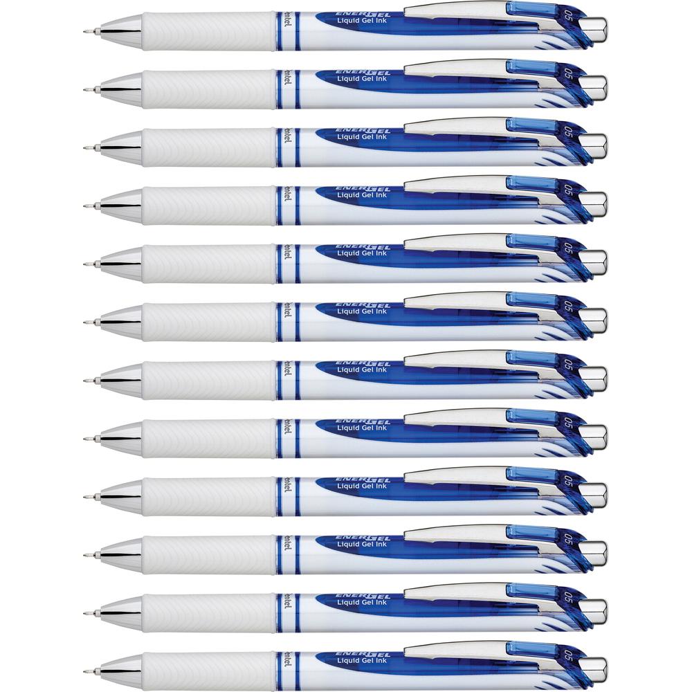 EnerGel EnerGel Pearl Liquid Gel Pens - Fine Pen Point - 0.5 mm Pen Point Size - Needle Pen Point Style - Refillable - Retractable - Blue Gel-based Ink - Pearl White Stainless Steel Barrel - 1 Dozen. Picture 1