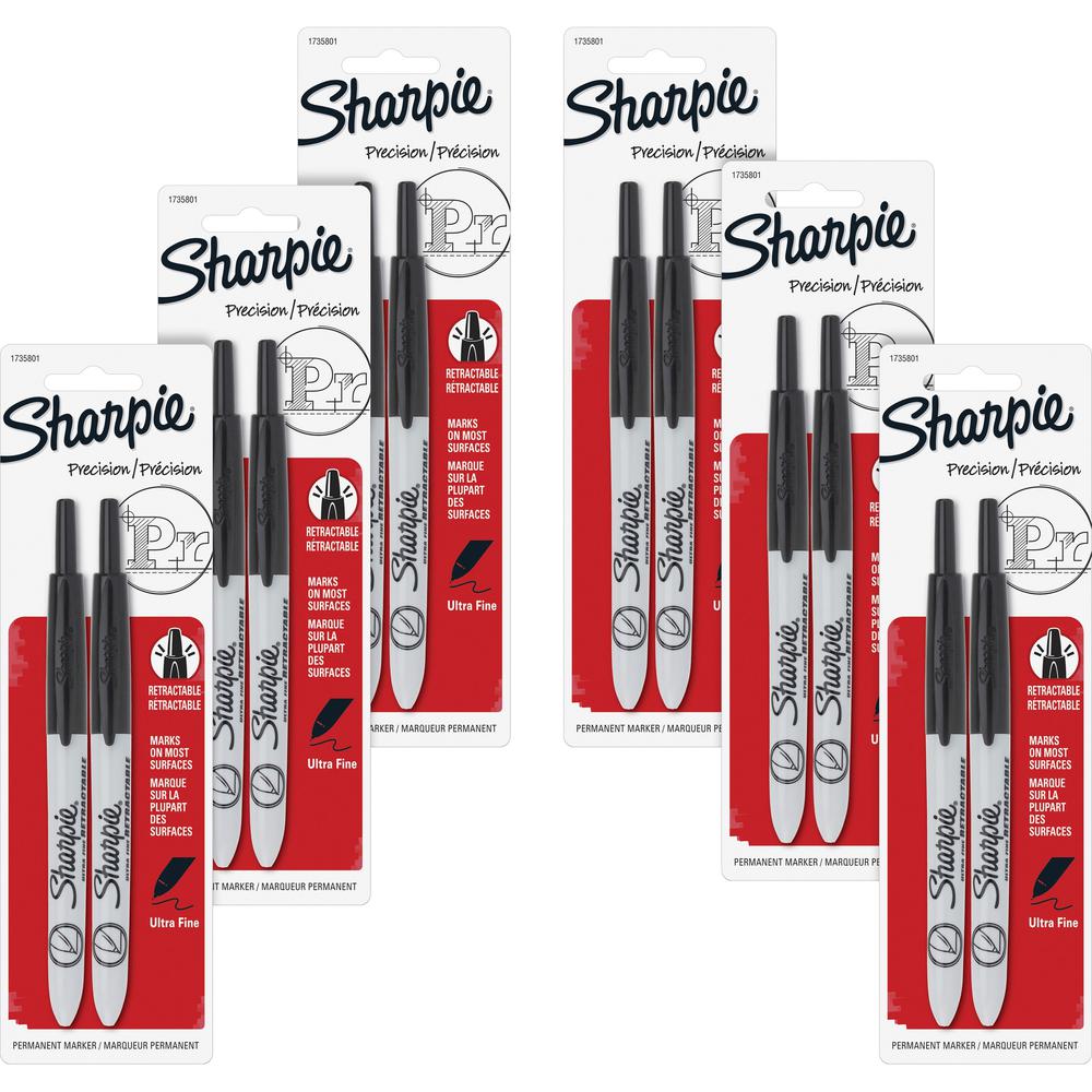 Sharpie Retractable Ultra-Fine Point Permanent Markers - Ultra Fine Marker Point - Retractable - Black - 6 / Box. Picture 1
