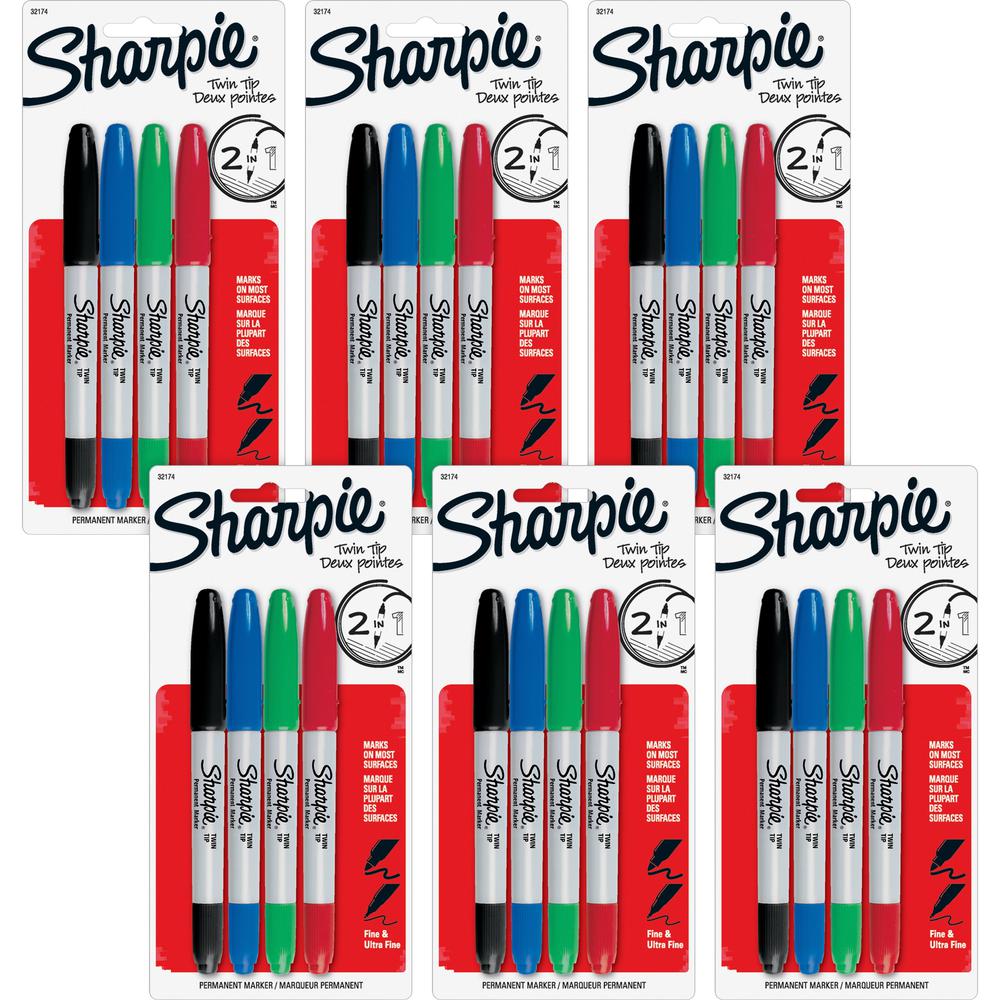 Sharpie Twin Tip Permanent Markers - Ultra Fine, Fine Marker Point - 0.3 mm, 1 mm Marker Point Size - Red, Green, Blue, Black Alcohol Based Ink - 6 / Bag. Picture 1