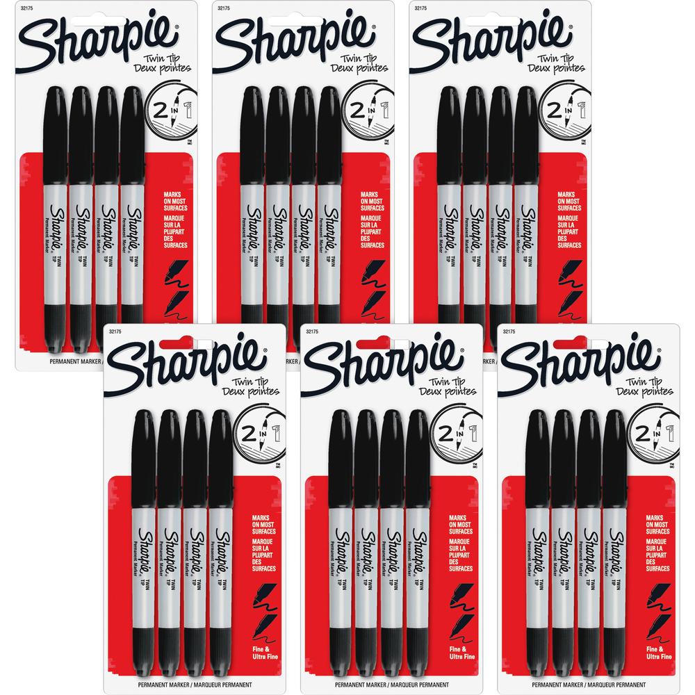 Sharpie Twin Tip Permanent Markers - Fine, Ultra Fine Marker Point - Black Alcohol Based Ink - 6 / Bag. Picture 1