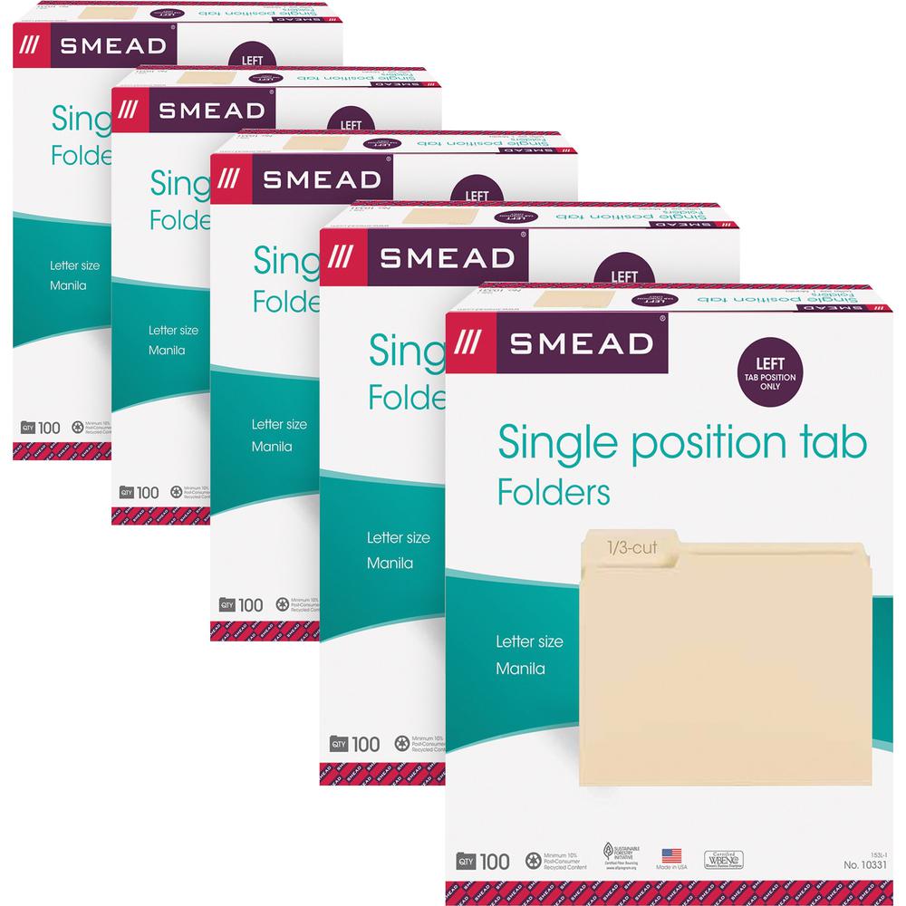 Smead 1/3 Tab Cut Letter Recycled Top Tab File Folder - 8 1/2" x 11" - 3/4" Expansion - Top Tab Location - Left Tab Position - Manila - 10% Recycled - 5 / Carton. Picture 1