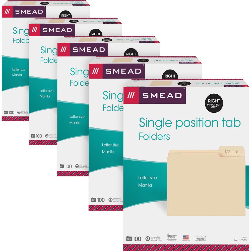Smead File Folders with Single-Ply Tab - Letter - 8 1/2" x 11" Sheet Size - 3/4" Expansion - 1/3 Tab Cut - Top Tab Location - Right Tab Position - 11 pt. Folder Thickness - Stock, Manila - Manila - Re. The main picture.