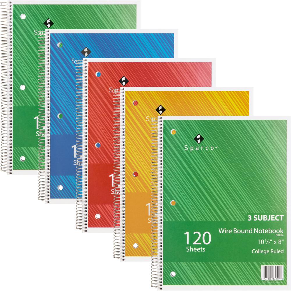 Sparco Wire Bound College Ruled Notebook - 120 Sheets - Wire Bound - College Ruled - Unruled Margin - 16 lb Basis Weight - 8" x 10 1/2" - Assorted Paper - AssortedChipboard Cover - Resist Bleed-throug. Picture 1