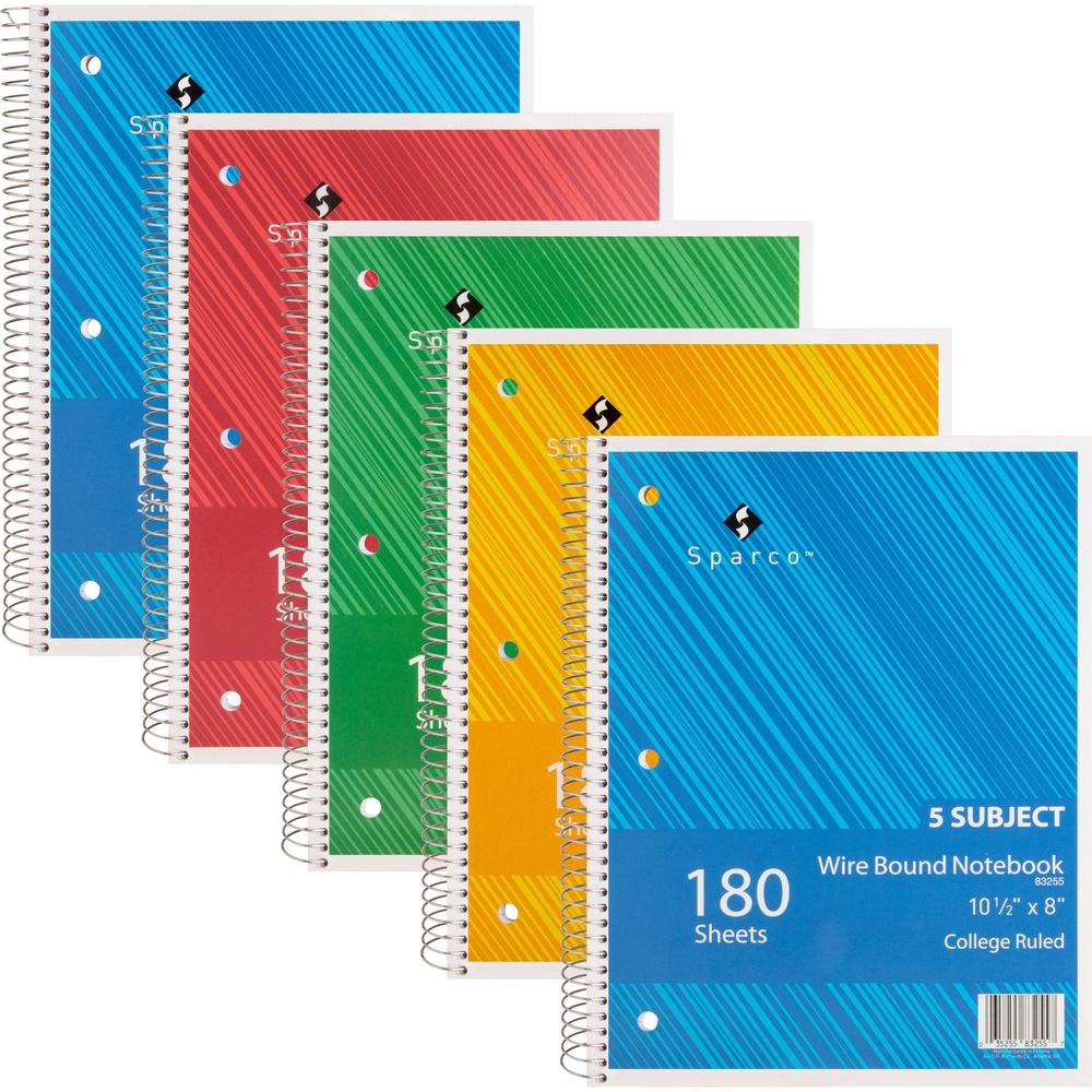 Sparco Wirebound College Ruled Notebooks - 180 Sheets - Wire Bound - College Ruled - Unruled Margin - 8" x 10 1/2" - Assorted Paper - AssortedChipboard Cover - Resist Bleed-through, Subject, Stiff-bac. Picture 1