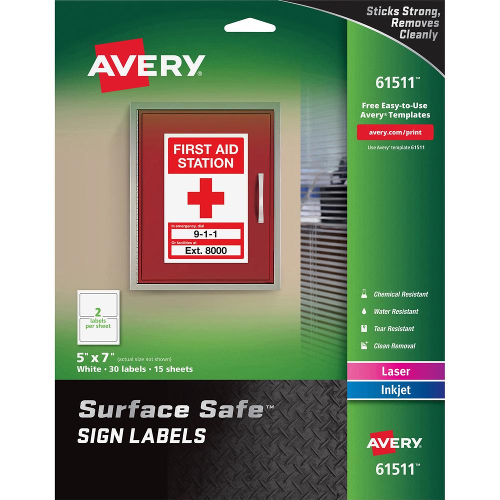 Avery&reg; 5"x7" Removable Label Safety Signs - 5" Width x 7" Length - Removable Adhesive - Rectangle - Laser, Inkjet - White - Film - 2 / Sheet - 15 Total Sheets - 30 Total Label(s) - 30 / Pack. The main picture.