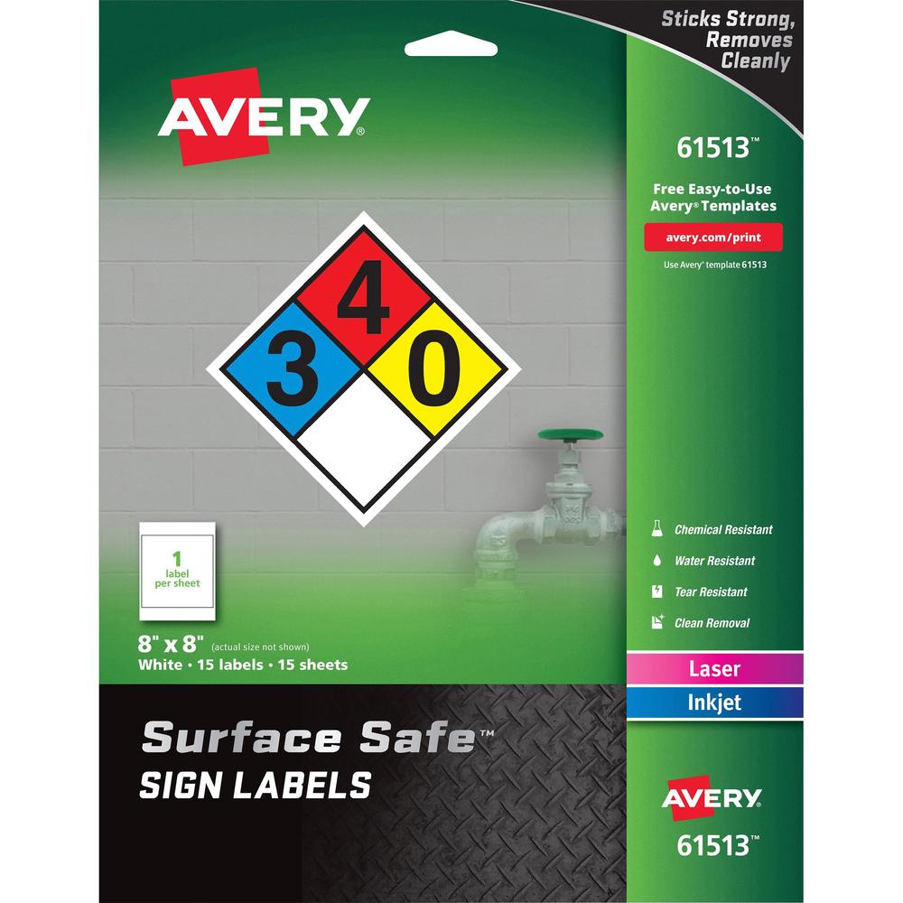 Avery&reg; 8"x8" Removable Label Safety Signs - 8" Width x 8" Length - Removable Adhesive - Rectangle - Laser, Inkjet - White - Film - 1 / Sheet - 15 Total Sheets - 15 Total Label(s) - 5 - Water Resis. Picture 1