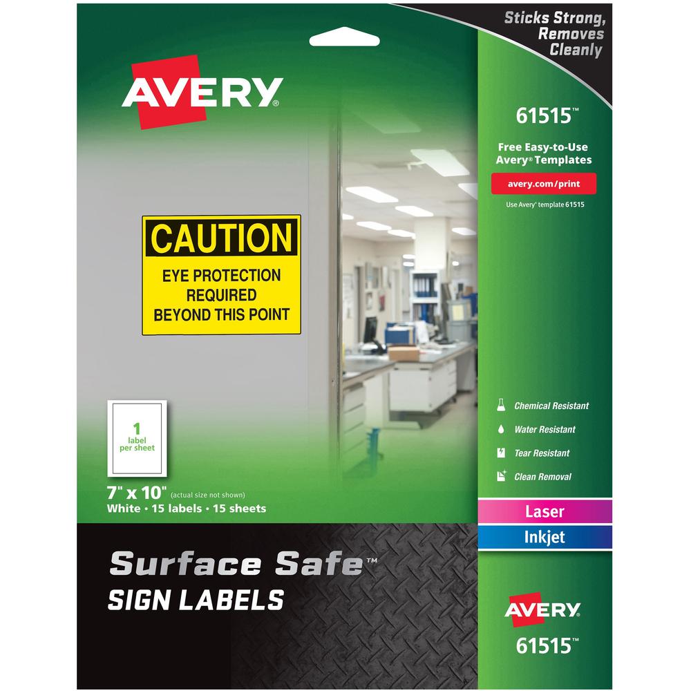 Avery&reg; 7"x10" Removable Label Safety Signs - 7" Width x 10" Length - Removable Adhesive - Rectangle - Laser, Inkjet - White - Film - 1 / Sheet - 15 Total Sheets - 15 / Pack - Water Resistant. Picture 1