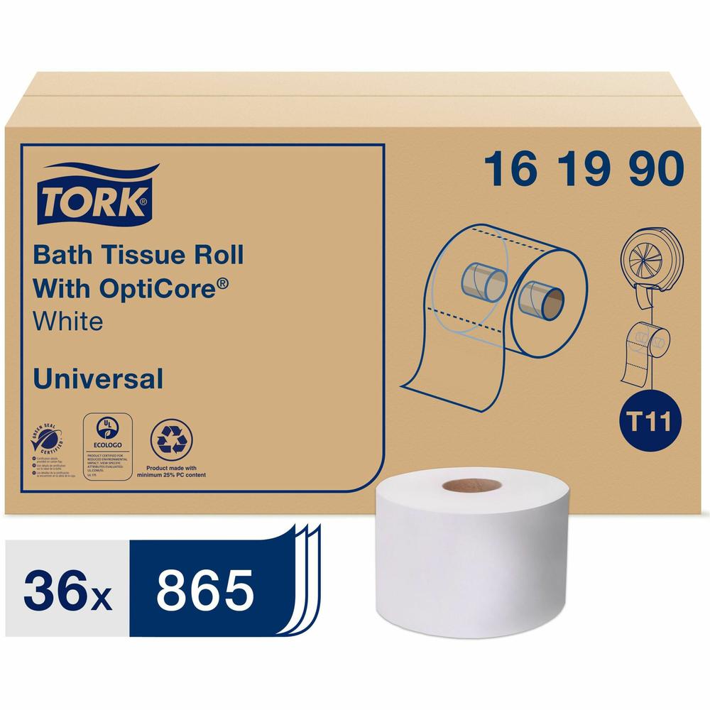 TORK Universal Bath Tissue Roll with OptiCore - 2 Ply - 3.80" x 288.30 ft - 865 Sheets/Roll - 5.60" Roll Diameter - White - Paper - Embossed, Chlorine-free, Chemical-free - For Bathroom - 31140 / Shee. Picture 1