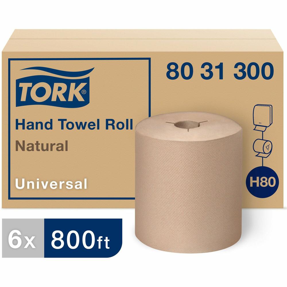 TORK Universal Hand Towel Roll - 1 Ply - 8" x 800 ft - 7.80" Roll Diameter - Natural - Paper - Embossed - For Hand - 6. Picture 1