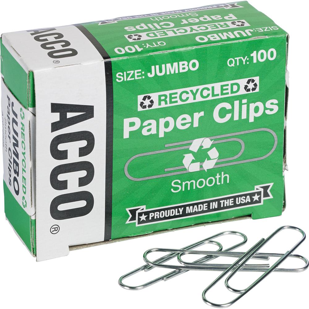 ACCO Recycled Paper Clips - Jumbo - 1.6" Length - 20 Sheet Capacity - for Paper - Reusable, Durable - 1000 / Pack - Silver. Picture 1