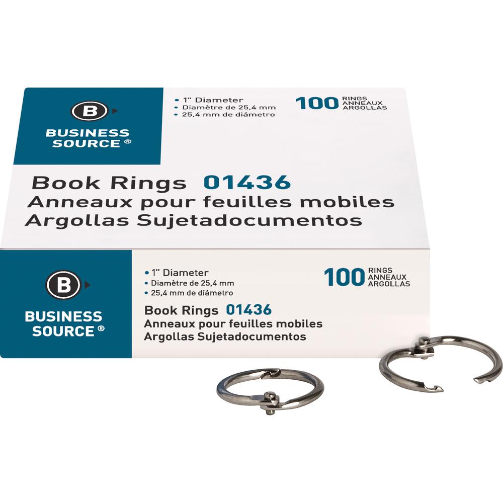 Business Source Standard Book Rings - 1" Diameter - Silver - Nickel Plated - 100 / Box. Picture 1