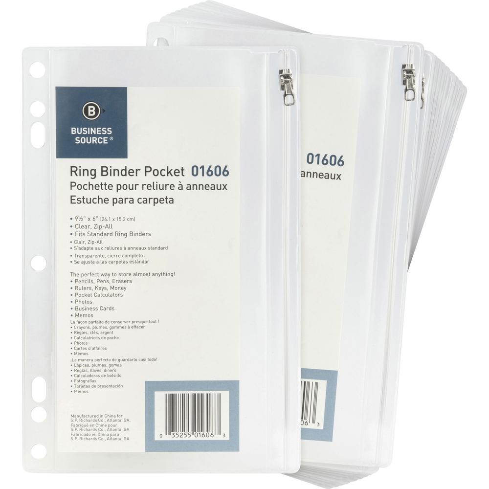 Business Source Punched Economy Binder Pocket - 9.5" Height x 6" Width - 7 x Holes - Ring Binder - Clear - Plastic - 24 / Box. Picture 1