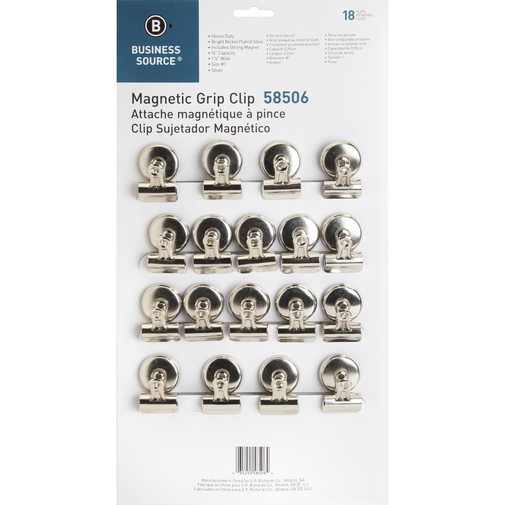 Business Source Magnetic Grip Clips Pack - No. 1 - 1.3" Width - for Paper - Magnetic, Heavy Duty - 18 / Box - Silver. The main picture.