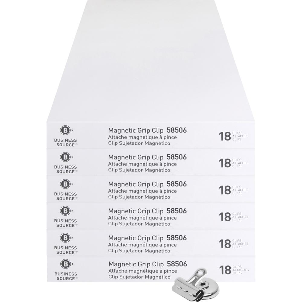 Business Source Magnetic Grip Clips Pack - No. 1 - 1.3" Width - for Paper - Magnetic, Heavy Duty - 108 / Bundle - Silver. Picture 1