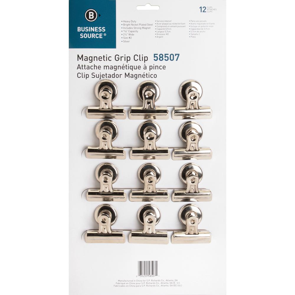 Business Source Magnetic Grip Clips Pack - No. 2 - 2.3" Width - for Paper - Magnetic, Heavy Duty - 12 / Box - Silver. Picture 1