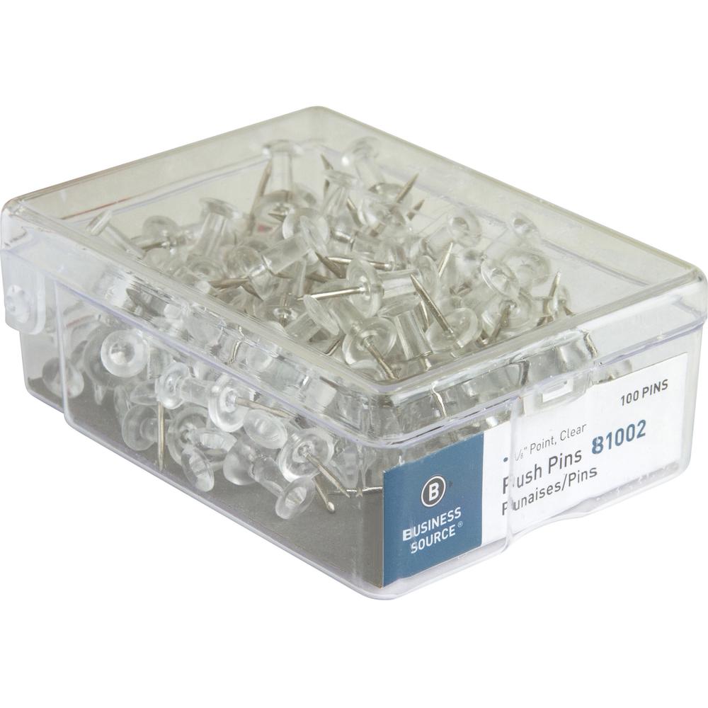 Business Source 1/2" Head Push Pins - 0.50" Head - 100 / Box - Clear. Picture 1