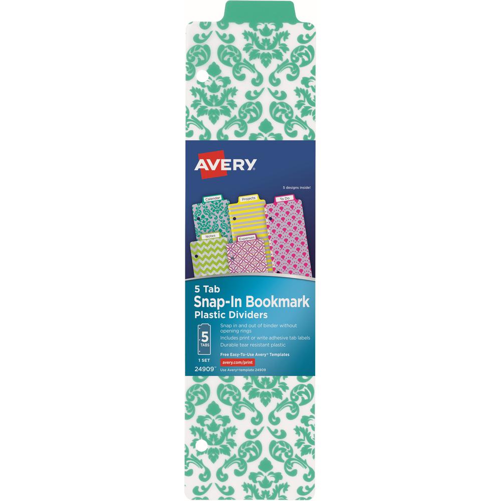 Avery&reg; Snap-In Plastic Bookmark Dividers, 5 Tabs, 1 Set, Assorted Designs (24909) - Write-on Tab(s) - 5 Tab(s)/Set - 3" Divider Width x 11.50" Divider Length - 3 Hole Punched - Plastic Divider - M. Picture 1