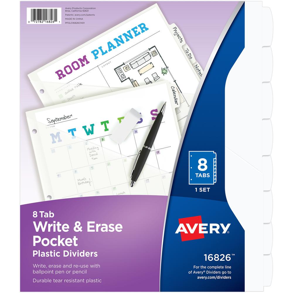 Avery&reg; Write & Erase Pocket Plastic Dividers - 8 x Divider(s) - 8 Write-on Tab(s) - 8 - 8 Tab(s)/Set - 9.3" Divider Width x 11.13" Divider Length - 3 Hole Punched - White Plastic Divider - White P. Picture 1