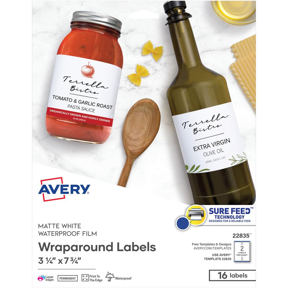 Avery&reg; Durable Waterproof Labels, 3.25" x 7.75" , 16 Total - Waterproof - 3 1/4" Width x 7 3/4" Length - Permanent Adhesive - Rectangle - Laser, Inkjet - Matte White - Film - 2 / Sheet - 8 Total S. Picture 1