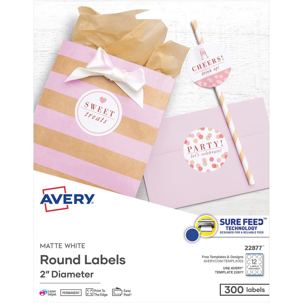 Avery&reg; Easy Peel Labels -Sure Feed - Print-to-the-Edge - - Width2" Diameter - Permanent Adhesive - Round - Laser, Inkjet - White - Paper - 12 / Sheet - 25 Total Sheets - 300 Total Label(s) - 5. Picture 1