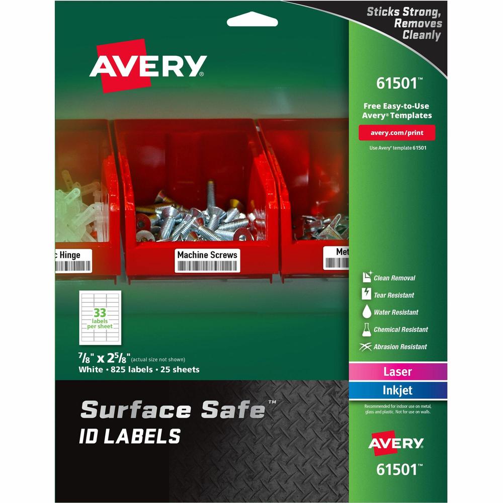 Avery&reg; Surface Safe ID Label - 7/8" Width x 2 5/8" Length - Removable Adhesive - Rectangle - Laser, Inkjet - White - Film - 33 / Sheet - 25 Total Sheets - 825 Total Label(s) - 5 - Water Resistant. Picture 1