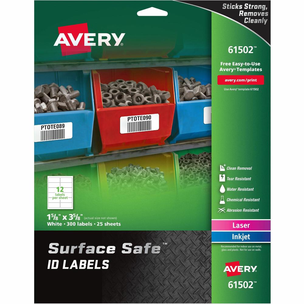 Avery&reg; Surface Safe ID Label - 1 5/8" Width x 3 5/8" Length - Removable Adhesive - Rectangle - Laser, Inkjet - White - Film - 12 / Sheet - 25 Total Sheets - 300 Total Label(s) - 5 - Water Resistan. Picture 1