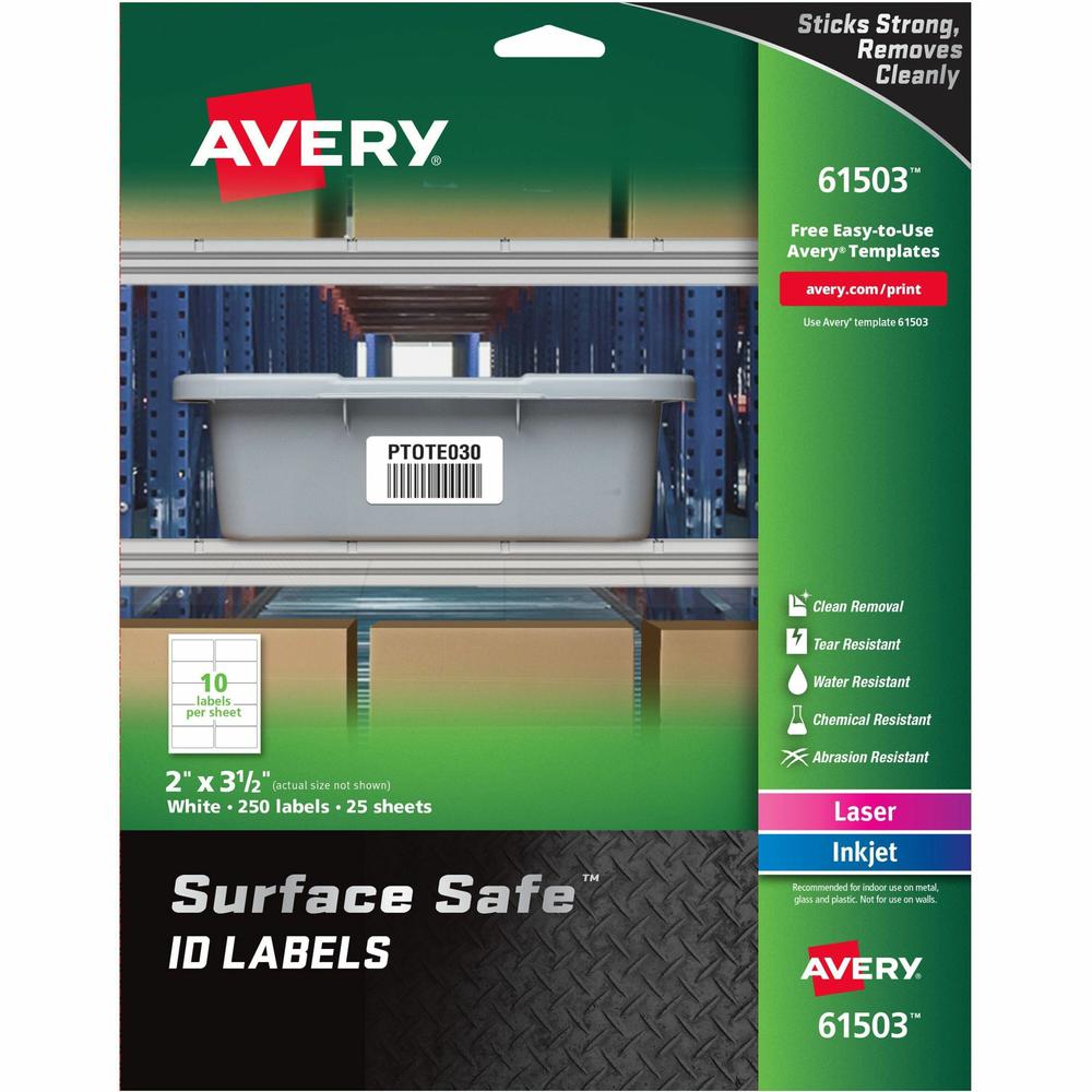 Avery&reg; Surface Safe ID Label - 2" Width x 3 1/2" Length - Removable Adhesive - Rectangle - Laser, Inkjet - White - Film - 10 / Sheet - 25 Total Sheets - 250 Total Label(s) - 5 - Water Resistant. Picture 1