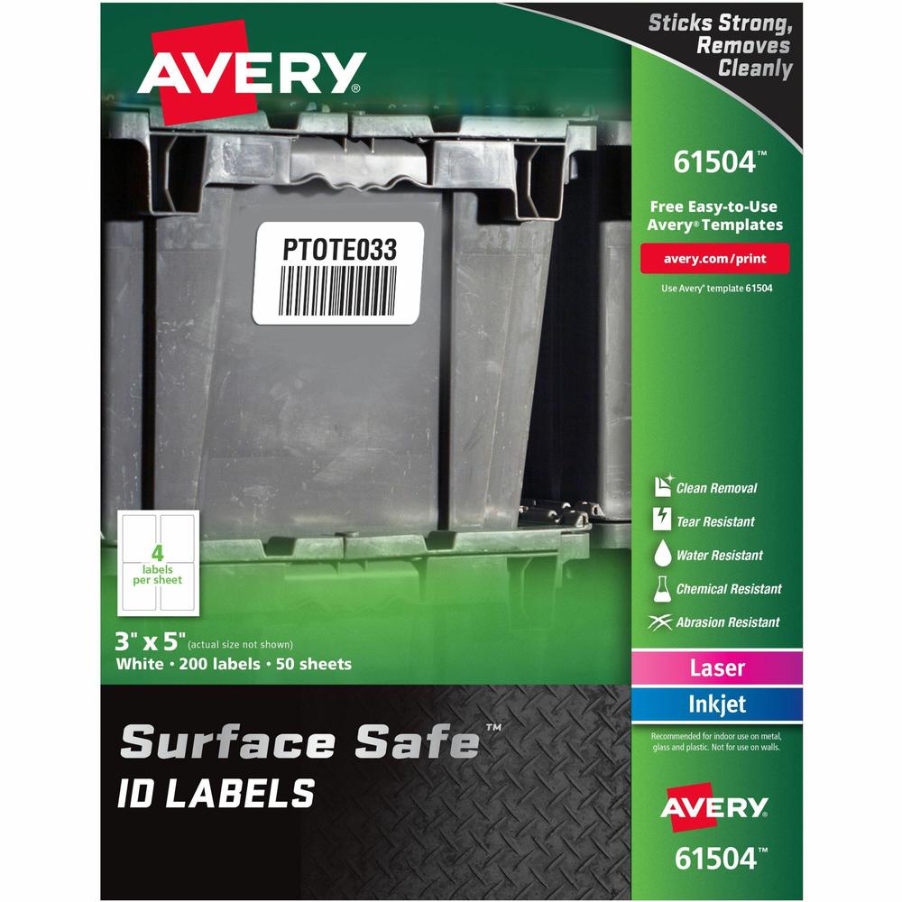 Avery&reg; Surface Safe ID Label - 3" Width x 5" Length - Removable Adhesive - Rectangle - Laser, Inkjet - White - Film - 4 / Sheet - 50 Total Sheets - 200 Total Label(s) - 5 - Water Resistant. Picture 1