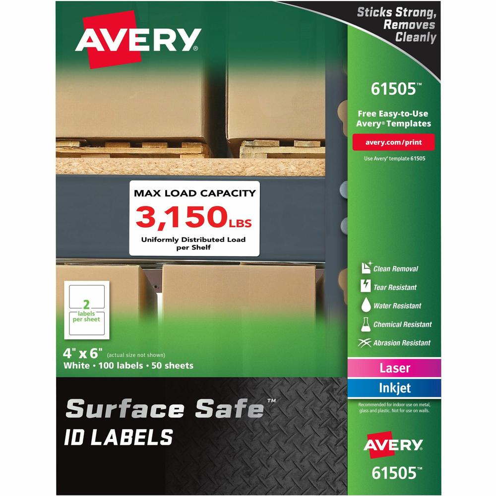 Avery&reg; Surface Safe ID Labels - 4" Width x 6" Length - Removable Adhesive - Rectangle - Laser, Inkjet - White - Film - 2 / Sheet - 50 Total Sheets - 100 Total Label(s) - 5 - Water Resistant. Picture 1