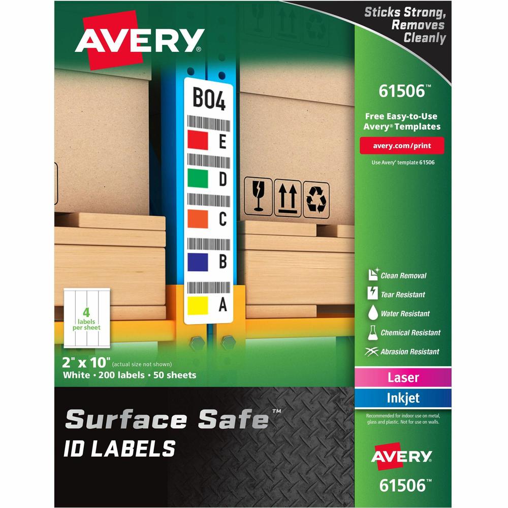 Avery&reg; Surface Safe ID Label - 2" Width x 10" Length - Removable Adhesive - Rectangle - Laser, Inkjet - White - Film - 4 / Sheet - 50 Total Sheets - 200 Total Label(s) - 5 - Water Resistant. Picture 1