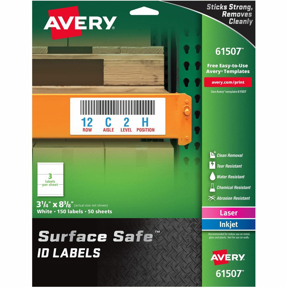 Avery&reg; Surface Safe ID Label - 3 1/4" Width x 8 3/8" Length - Removable Adhesive - Rectangle - Laser, Inkjet - White - Film - 3 / Sheet - 50 Total Sheets - 150 Total Label(s) - 5 - Water Resistant. Picture 1