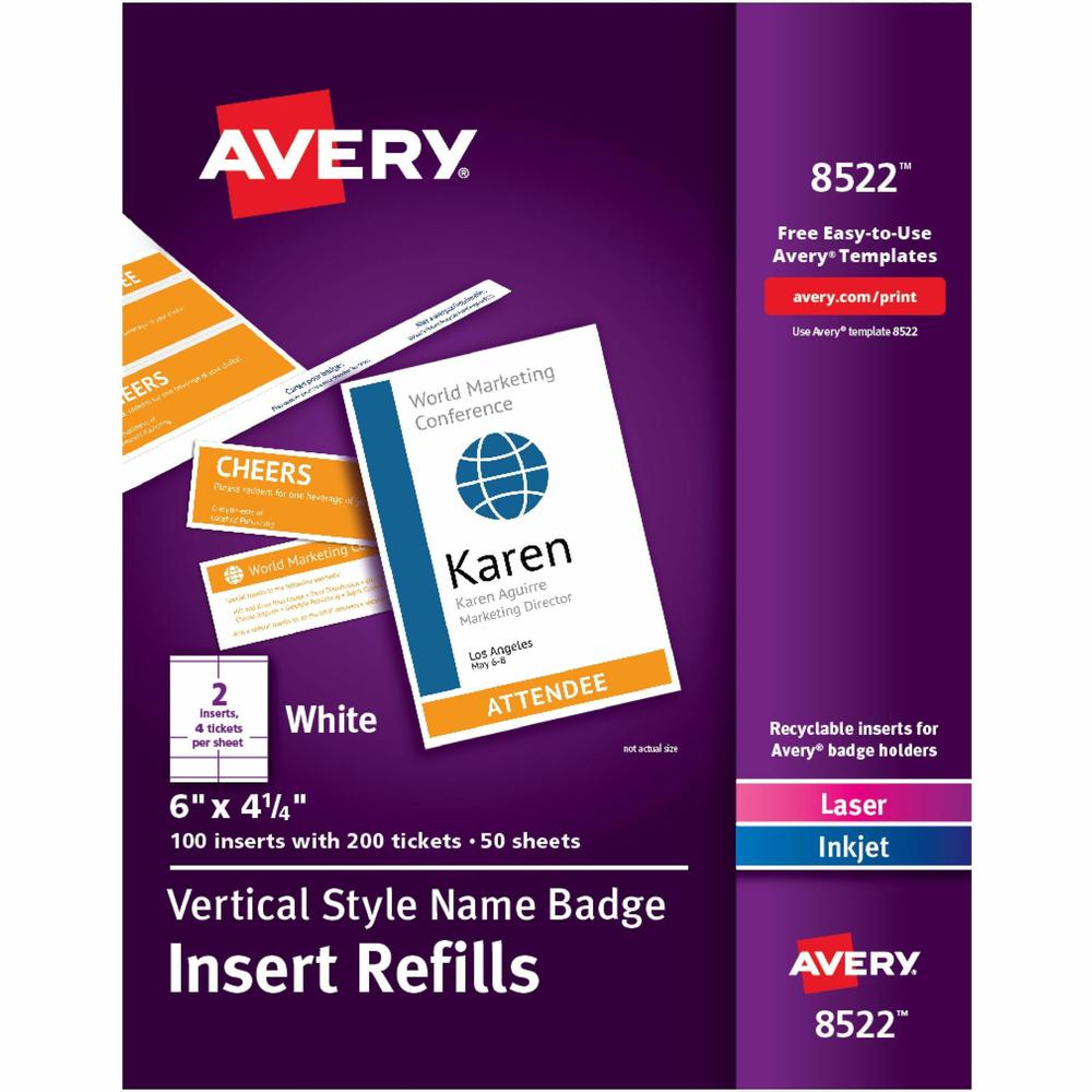 Avery&reg; Vertical Name Badge and Ticket Insertsfor Laser and Inkjet Printers - 1 / Box - 4.3" Width - Rectangular Shape - Printable, Insertable, Printable, Easy to Use, Laminated, Micro Perforated, . Picture 1