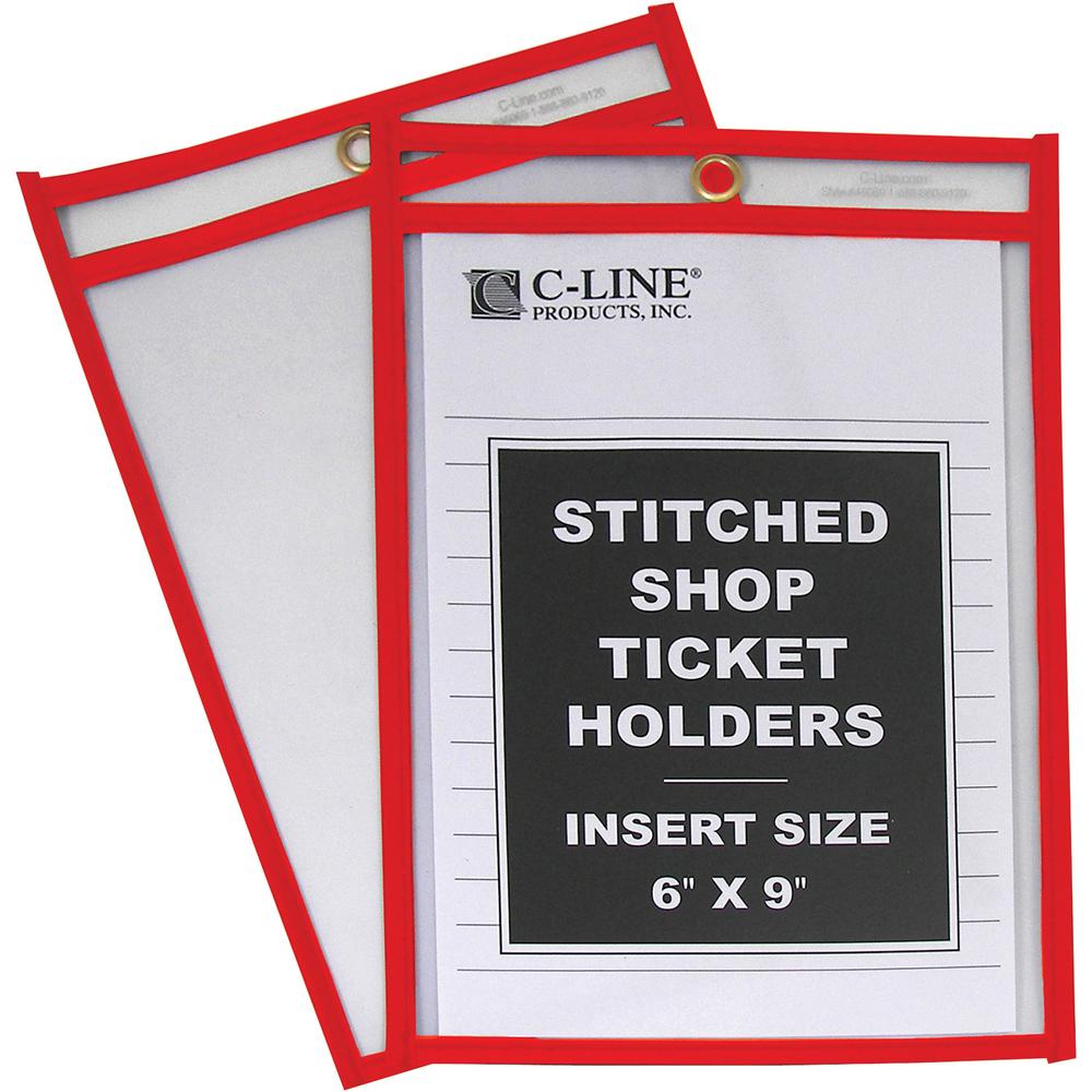 C-Line Hanging Strap Shop Ticket Holder - Support 6" x 9" Media - 25 / Box - Red, Clear. Picture 1