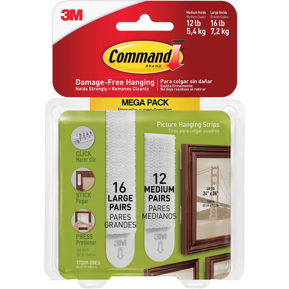 Command Picture Hanging Strips Mega Pack - 3 lb (1.36 kg), 4 lb (1.81 kg) Capacity - for Pictures - White - 28 / Pack. Picture 1