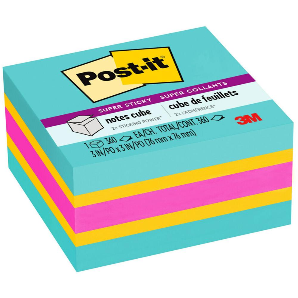 Post-it&reg; Super Sticky Notes Cube - 3" x 3" - Square - 360 Sheets per Pad - Aqua Splash, Sunnyside, Power Pink - Paper - Sticky, Recyclable - 1 / Pack. Picture 1